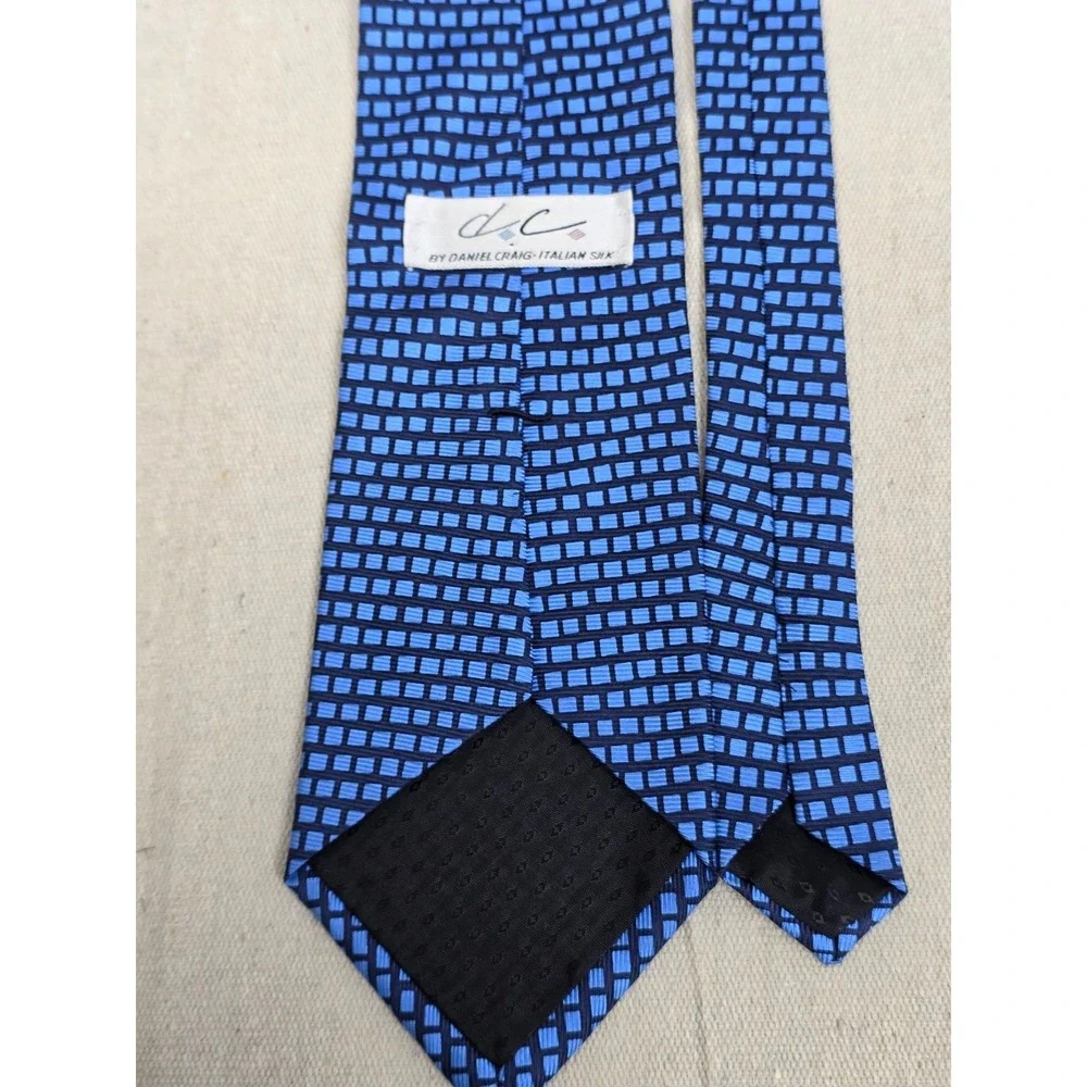 Daniel Craig Italian Silk Tie Mens Blue Geometric‎ Square Pattern Necktie